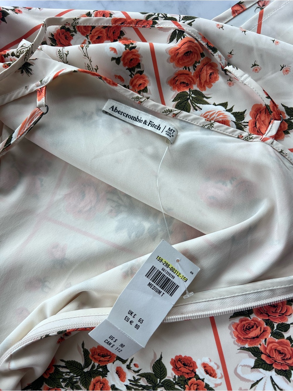 NWT Abercrombie Slip Dress in Cream Pattern Floral Orange Size Medium Tall - Picture 8 of 9